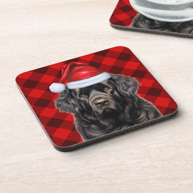 Winter Themed Newfoundland Dog Red Holiday Plaid Coaster (Left Side)