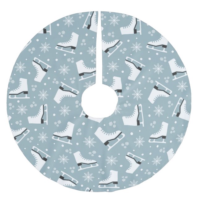 Winter themed pattern with ice skates brushed polyester tree skirt (Front)