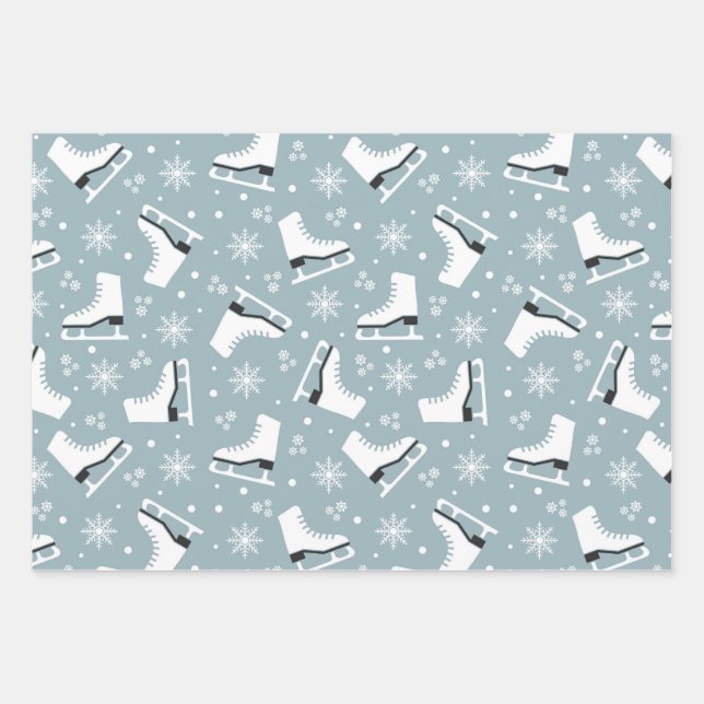 Winter themed pattern with ice skates wrapping paper sheet (Front)