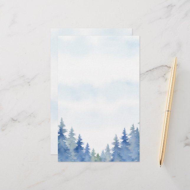 Winter themed pine trees plain stationery (Front/Back In Situ)