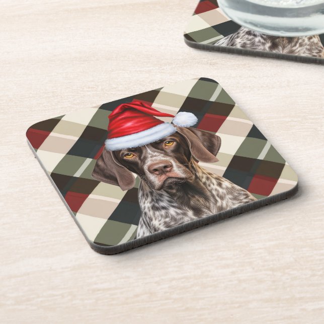 Winter Themed Shorthair Pointer Dog Holiday Plaid Coaster (Left Side)