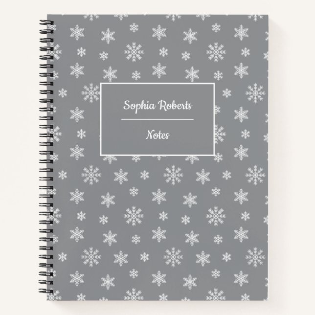 Winter themed snowflakes modern pattern grey notebook (Front)