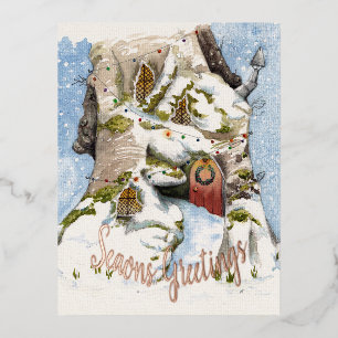 Winter themed watercolor. foil holiday postcard