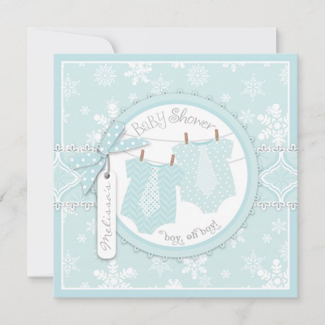 Winter Ties & Snowflakes Twin Boys Baby Shower Invitation (Front)