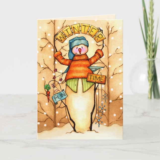 Winter Time Fun Snowman - Customisable Holiday Card (Front)