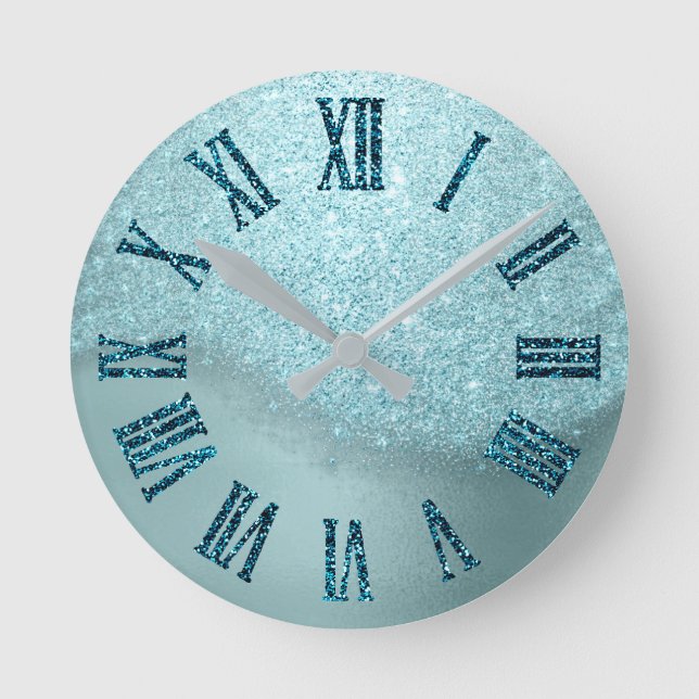 Winter TimeTiffany Aqua Teal Glitter Roman Numbers Round Clock (Front)