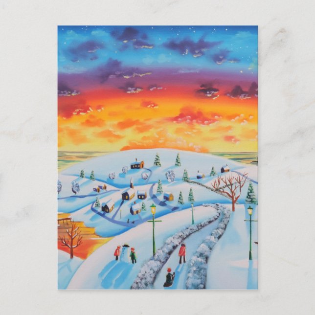 Winter town folk art winter landscape postcard (Front)