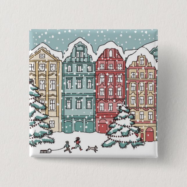 Winter Town Scene 15 Cm Square Badge (Front)
