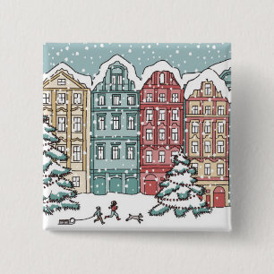 Winter Town Scene 15 Cm Square Badge