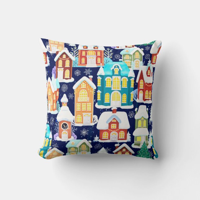 Winter town with victorian houses. Christmas theme Cushion (Front)