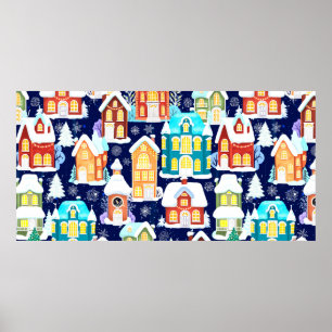 Winter town with victorian houses. Christmas theme Poster