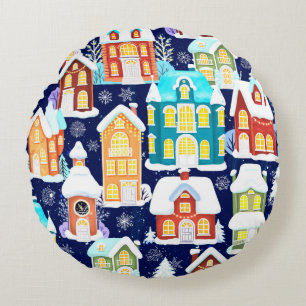 Winter town with victorian houses. Christmas theme Round Cushion
