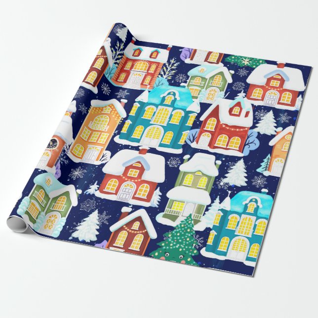Winter town with victorian houses. Christmas theme Wrapping Paper (Unrolled)