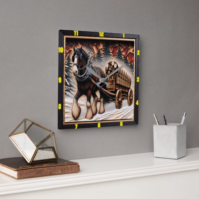 Winter Trail Personalised Charred Grain Clydesdale Square Wall Clock (Office)