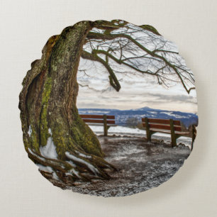 Winter Tree and Benches Round Cushion