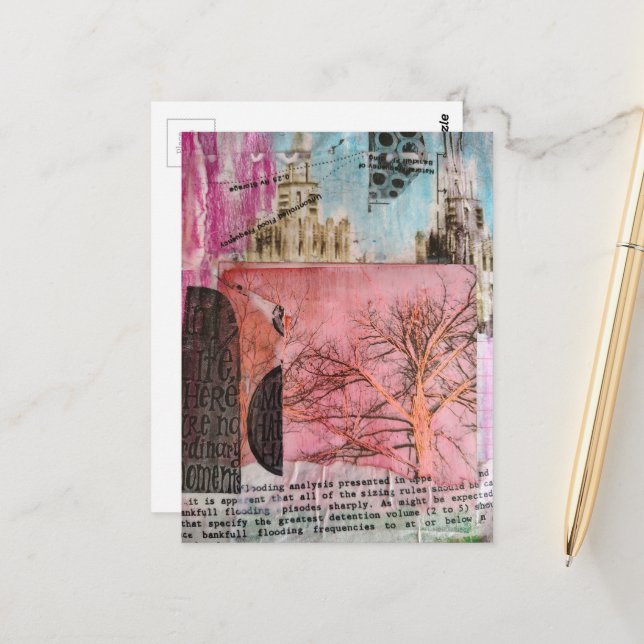 Winter Tree and Buildings Mixed Media Collage Postcard (Front/Back In Situ)