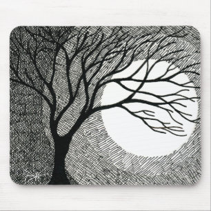 Winter Tree and Moon in Black and White Mouse Mat