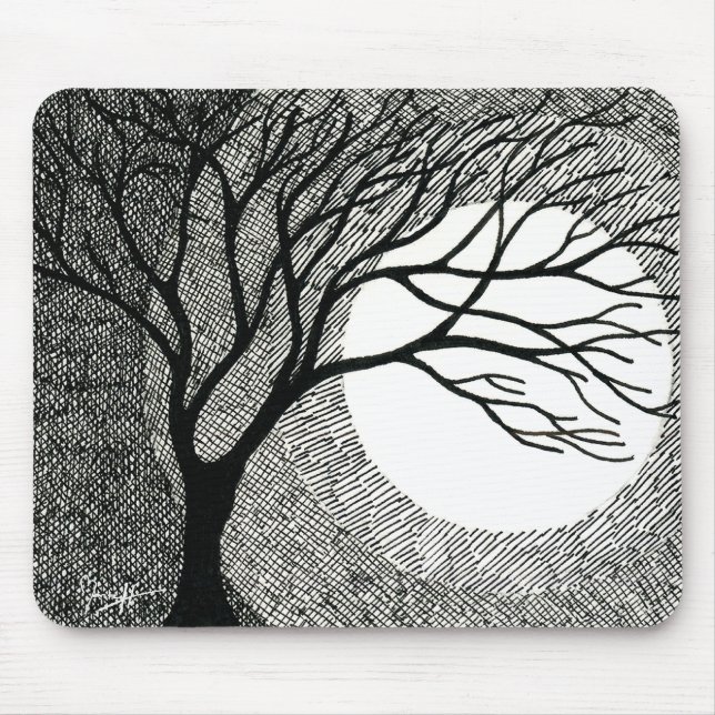 Winter Tree and Moon in Black and White Mouse Mat (Front)