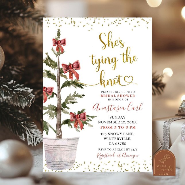 Winter Tree Bow She's Tying The Knot bridal Shower Invitation (Creator Uploaded)