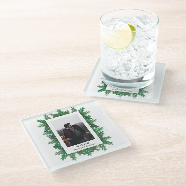 Winter Tree Branches Photo Wedding Glass Coaster (Angled)