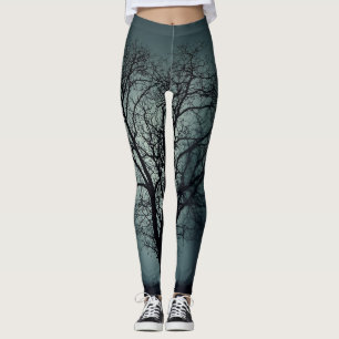 Winter Tree Leggings Dark Teal with Black Tree