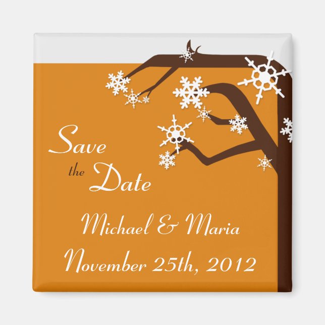 Winter Tree Orange Snowflake Save the Date Magnet (Front)