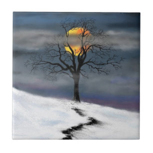 Winter Tree Sunset - Drawing Art Collection Tile