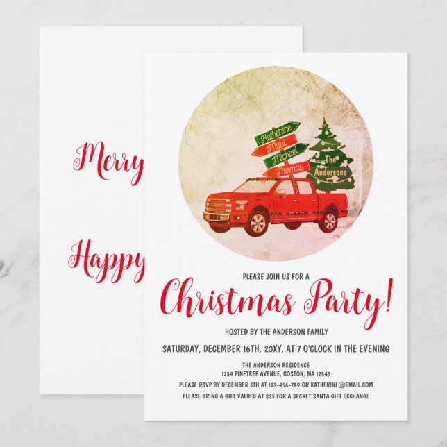 Winter Tree Vintage Red Truck Christmas Party Invitation (Front/Back)