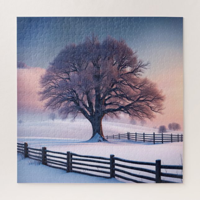 Winter Tree With Fence Jigsaw Puzzle (Vertical)