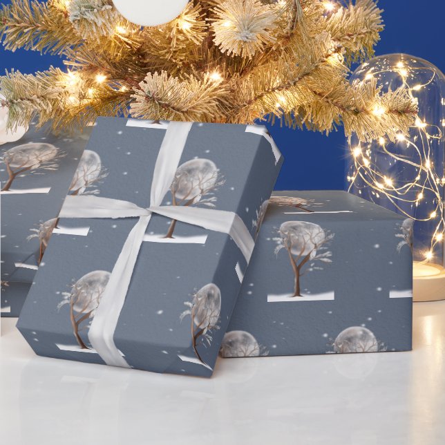 Winter Tree With Moon and Owl  Wrapping Paper (Holidays)