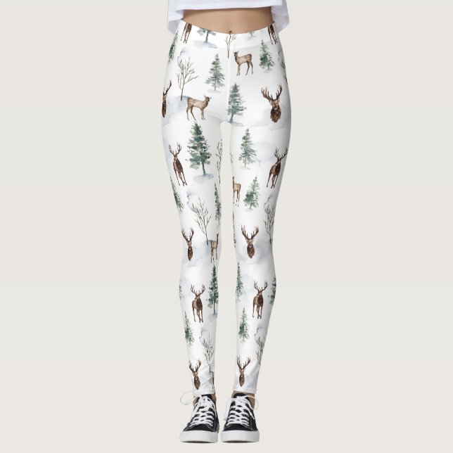 Winter trees and Christmas deer pattern Leggings (Front)