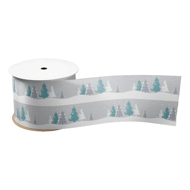 Winter Trees and Snow Light Grey Pattern Satin Ribbon (Spool)