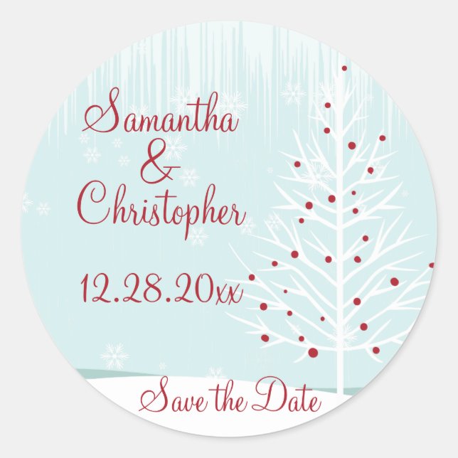 Winter Trees and Snowflakes Save the Date Classic Round Sticker (Front)