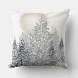 Winter Trees and Sun, Frosty Black and White Cushion