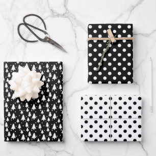 Winter Trees Black White Snow Polka Dots Wrapping Paper Sheet