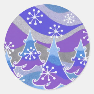 Winter trees blue round sticker