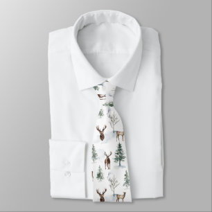 Winter trees & Christmas deer & snow pattern Tie