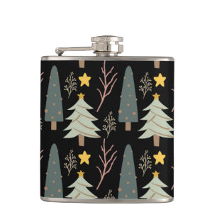 Winter Trees Christmas Forest Pattern Black Green Hip Flask