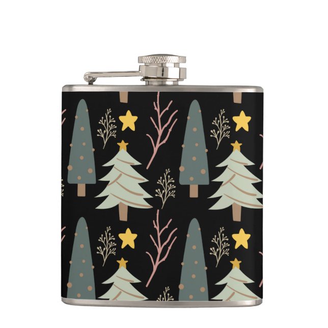 Winter Trees Christmas Forest Pattern Black Green Hip Flask (Front)