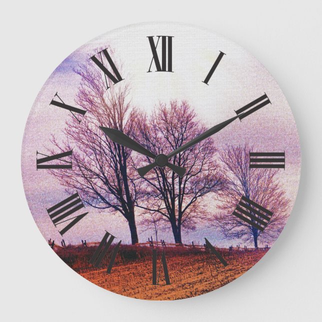 Winter Trees & Farm Fences Pasture Art Large Clock (Front)