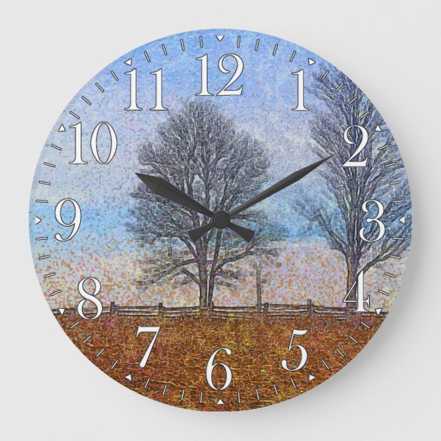 Winter Trees & Farm Fences Pasture Art Large Clock (Front)