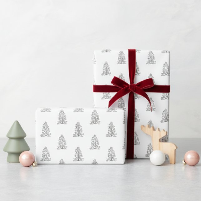 Winter Trees Holiday Pattern White Wrapping Paper (Modern Christmas Simple Festive Tree Pattern Xmas Gift Wrap. Hand Drawn Minimal Winter Tree & Star)