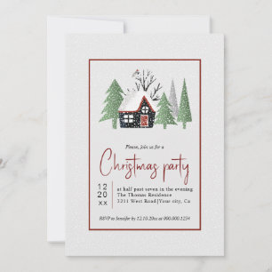 Winter trees house and snowfall Christmas party Invitation