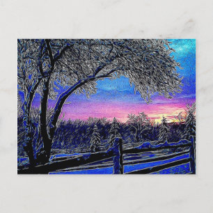 winter trees impressionism sunrise landscape postcard
