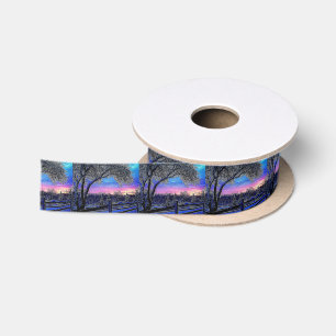 winter trees impressionism sunrise landscape satin ribbon