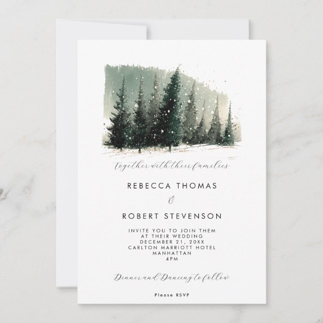 winter trees mountain holiday wedding invitation (Front)