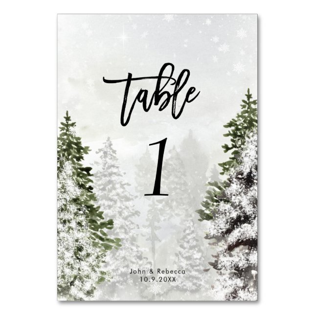 winter trees snow scene wedding table number card (Front)