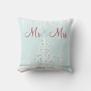 Winter Trees Snowflakes Mr & Mrs Wedding Memento Cushion