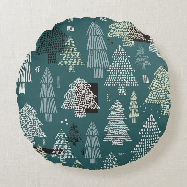 Winter trees, vintage Christmas pattern. Round Cushion (Front)
