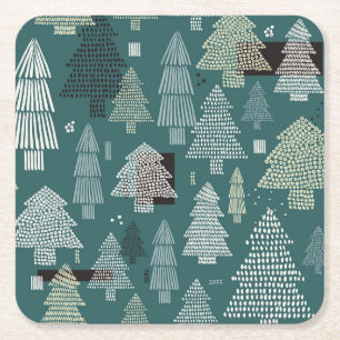 Winter trees, vintage Christmas pattern. Square Paper Coaster